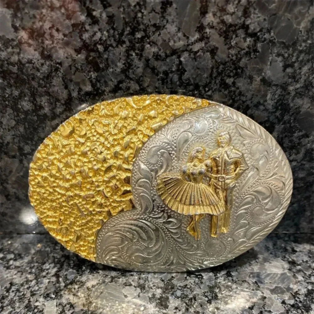 Vintage Wilmarth Western‎ Dancing Couple Belt Buckle Figurine gold/silver 🪩